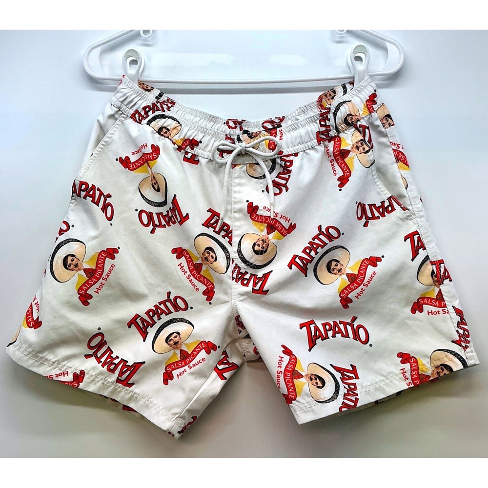 Tapatio Hot Sauce Spicy King Logo Swim Board Shorts White Drawstring Elastic XS